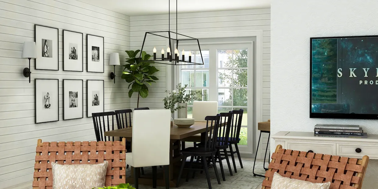 A bright farmhouse dining room with a rustic wooden table and natural decor