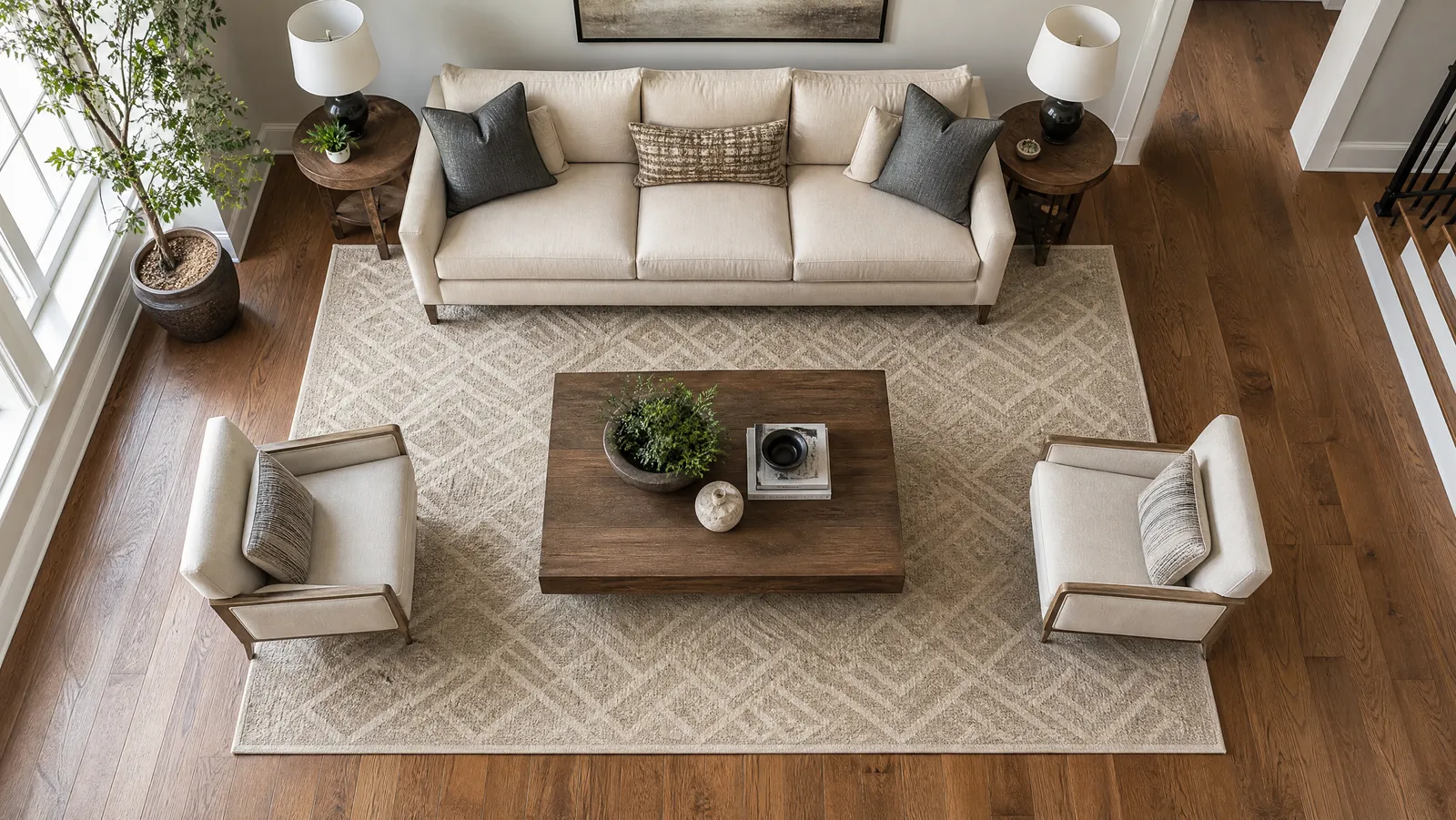 Overhead view of a living room with a rectangular area rug sized so the front legs of the furniture rest on it