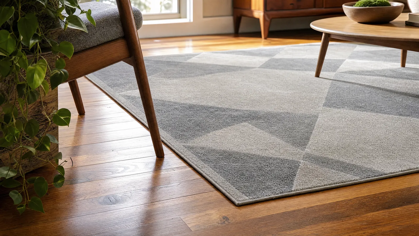 A low-pile grey geometric area rug laid over warm wide-plank hardwood floors in a sunlit living room