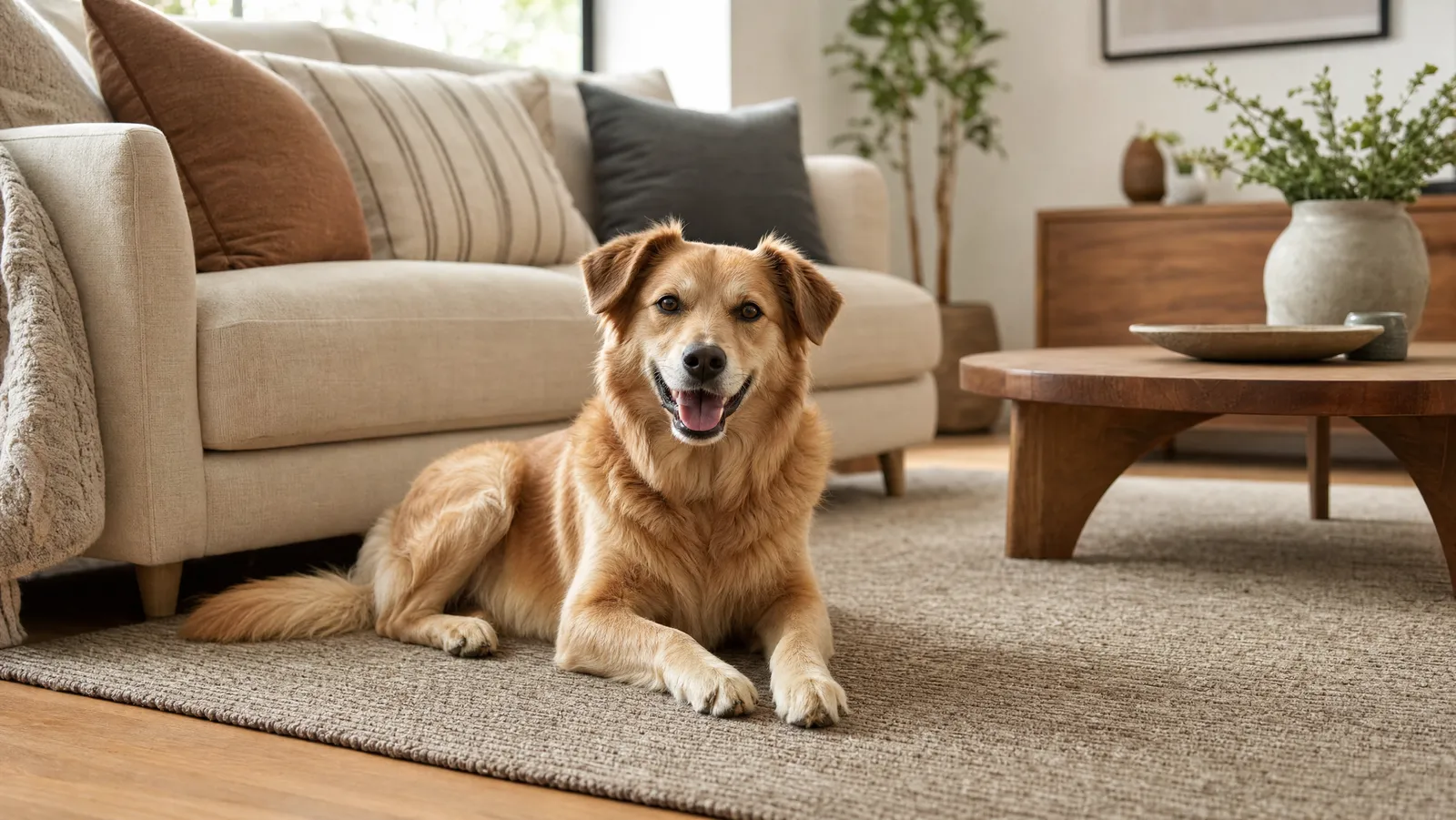 A dog resting on a soft, durable low-pile area rug in a bright, neutral living room