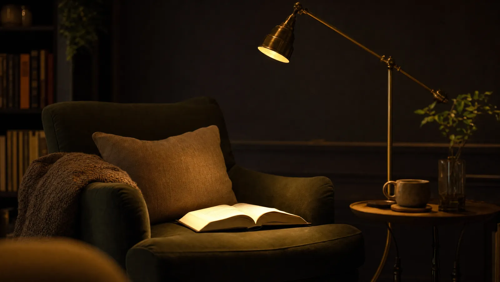 A brass pharmacy-style floor lamp leaning over a reading chair, casting a focused pool of warm light onto an open book