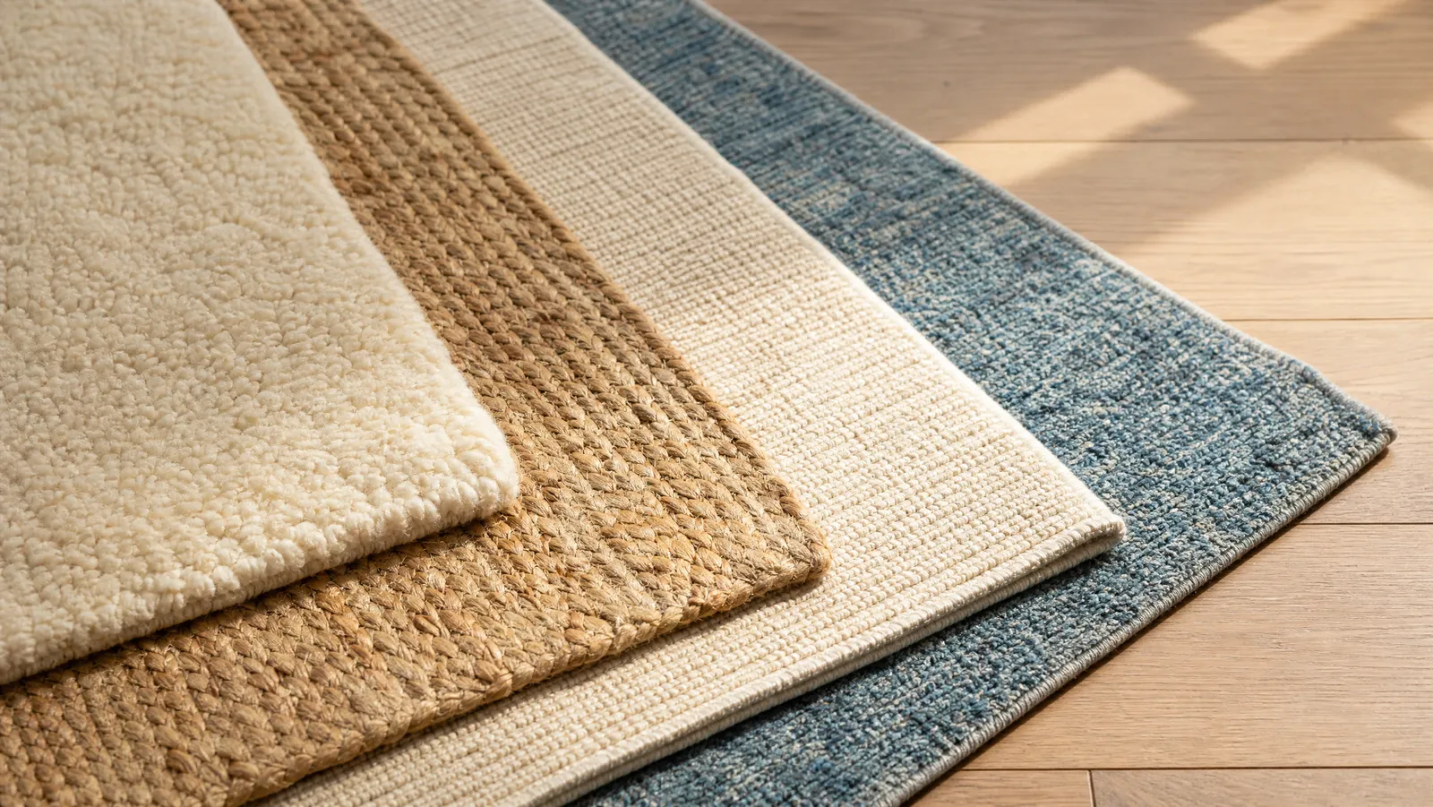 Corners of wool, jute, cotton, and synthetic area rugs layered on a wood floor to show their textures