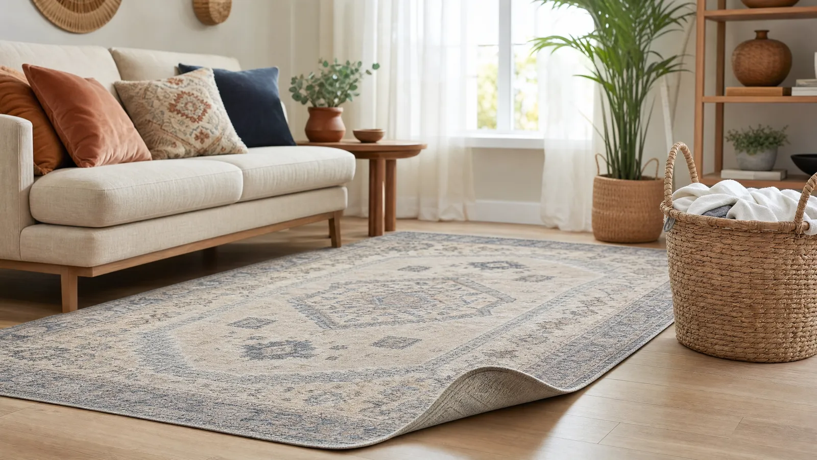 A soft boho-patterned washable area rug in beige and grey on a light wood floor, with a corner folded back