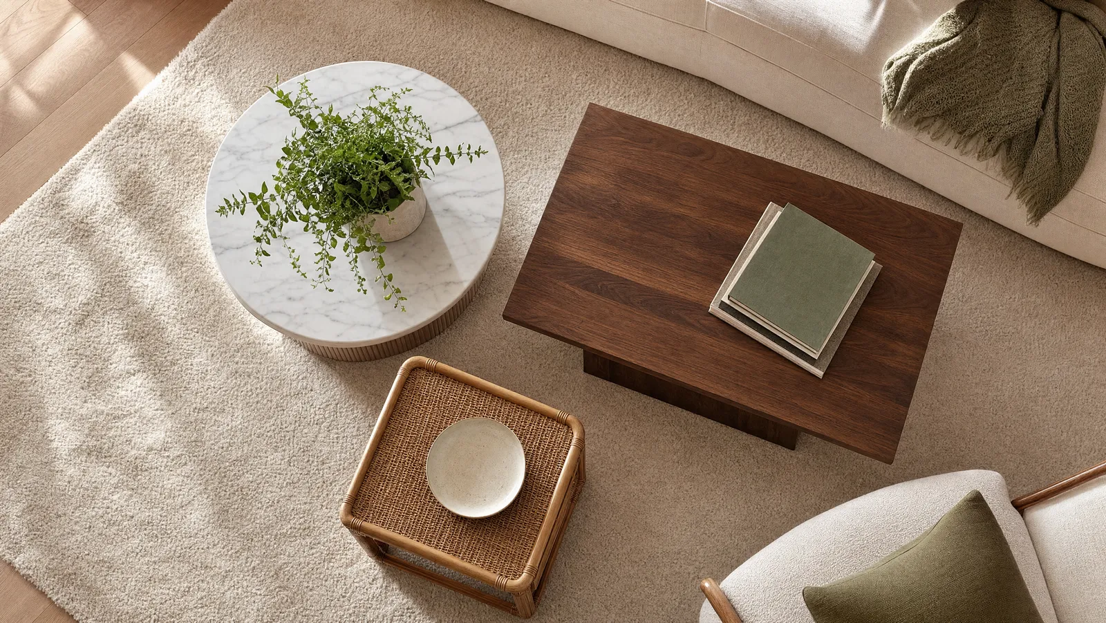 Round, rectangular and square coffee tables shown side by side on a cream area rug
