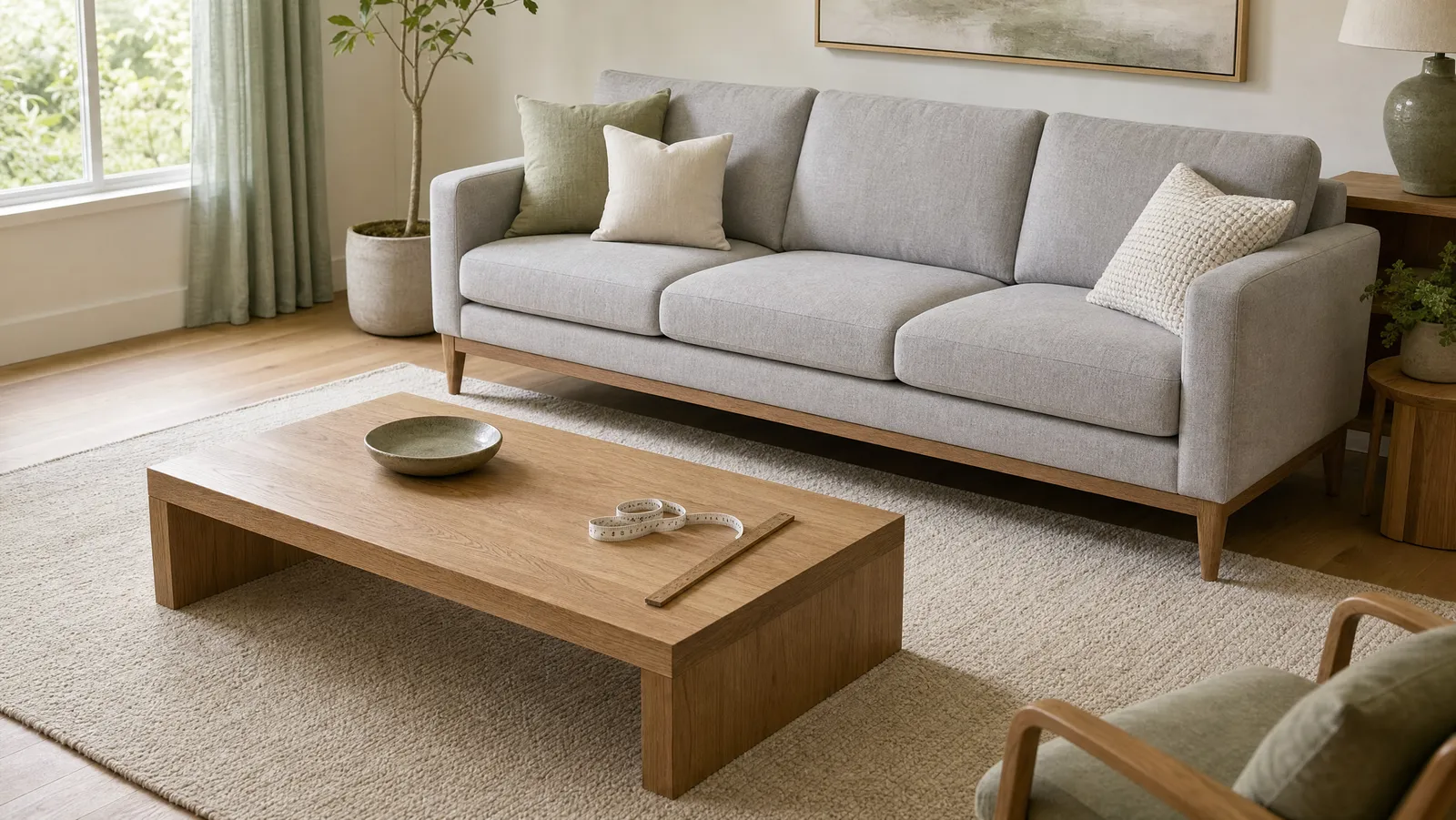 A low oak coffee table set a measured distance in front of a grey sofa on an ivory rug