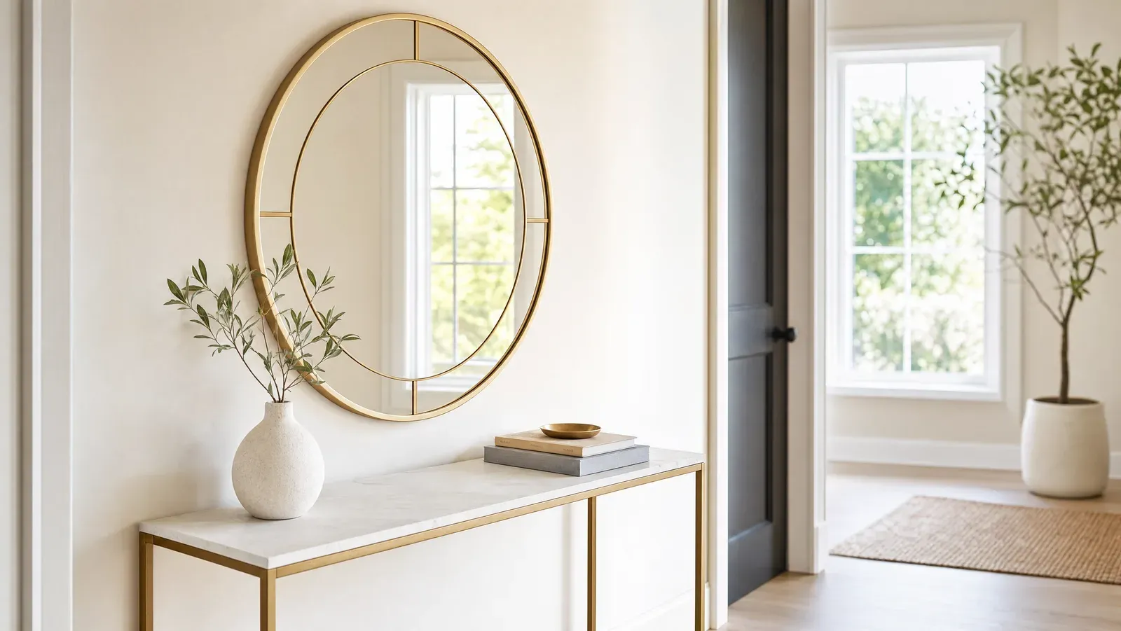 A bright entryway styled with a large decorative wall mirror
