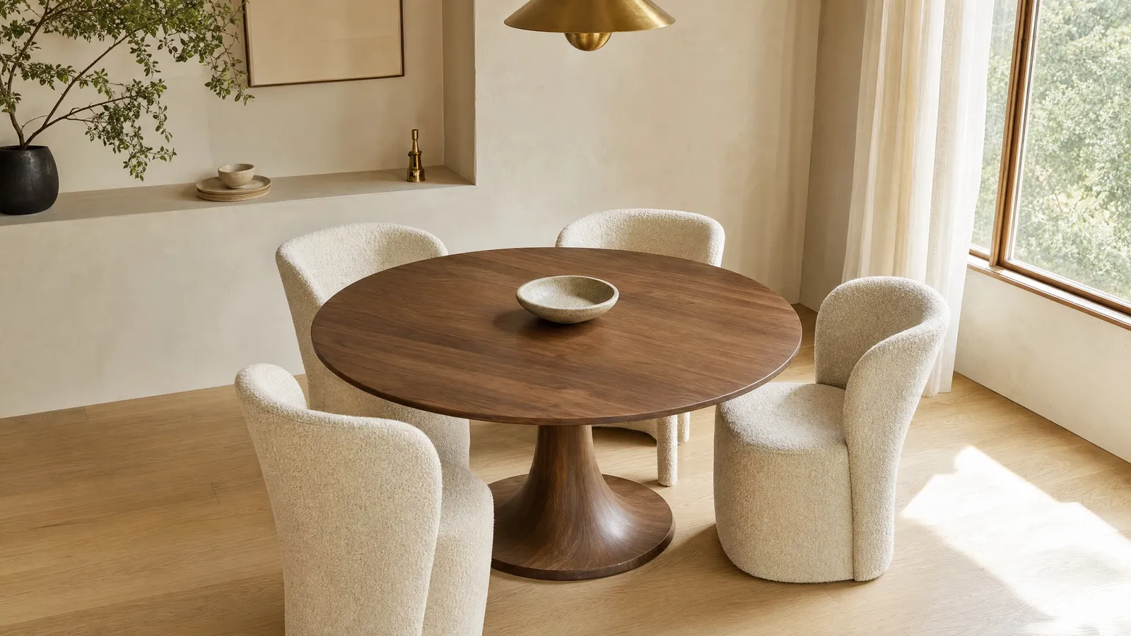 A bright dining nook with a round walnut pedestal table ringed by four cream boucle chairs