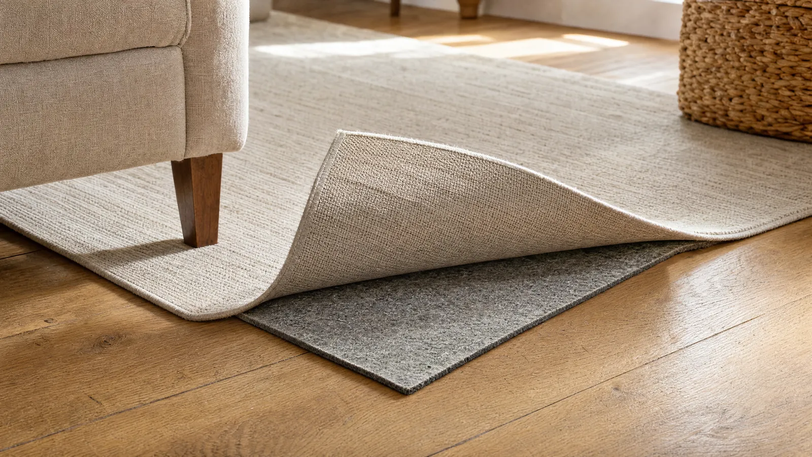 A neutral low-pile area rug lifted at one corner on oak hardwood, revealing the felt-and-rubber rug pad underneath
