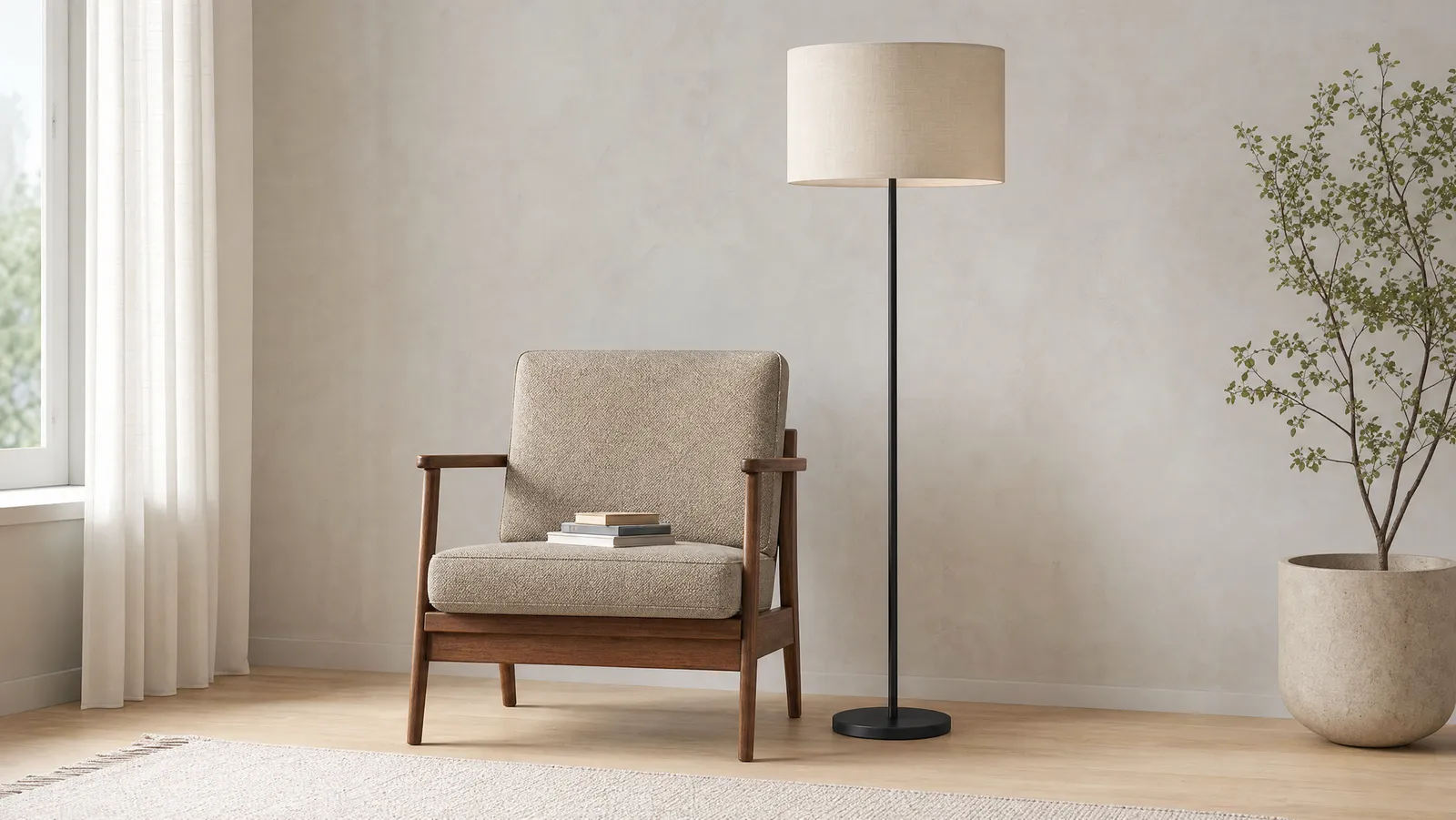 A slim black floor lamp beside a mid-century armchair, its shade sitting level with a seated person's eye height