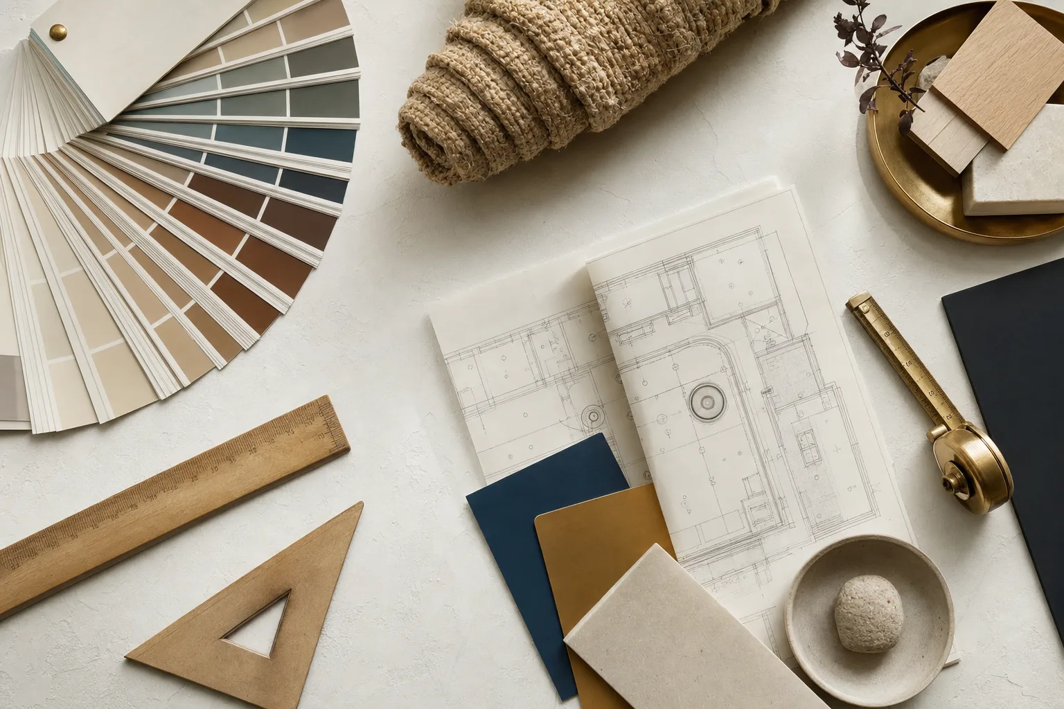 An overhead flat-lay of an interior designer's planning desk: a fanned paint swatch deck, a rolled jute rug sample, a brass measuring tape, a wooden ruler and triangle, and a floor plan blueprint