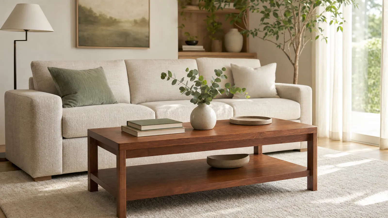 A two-tier wooden coffee table styled with books and a vase in a sunlit living room