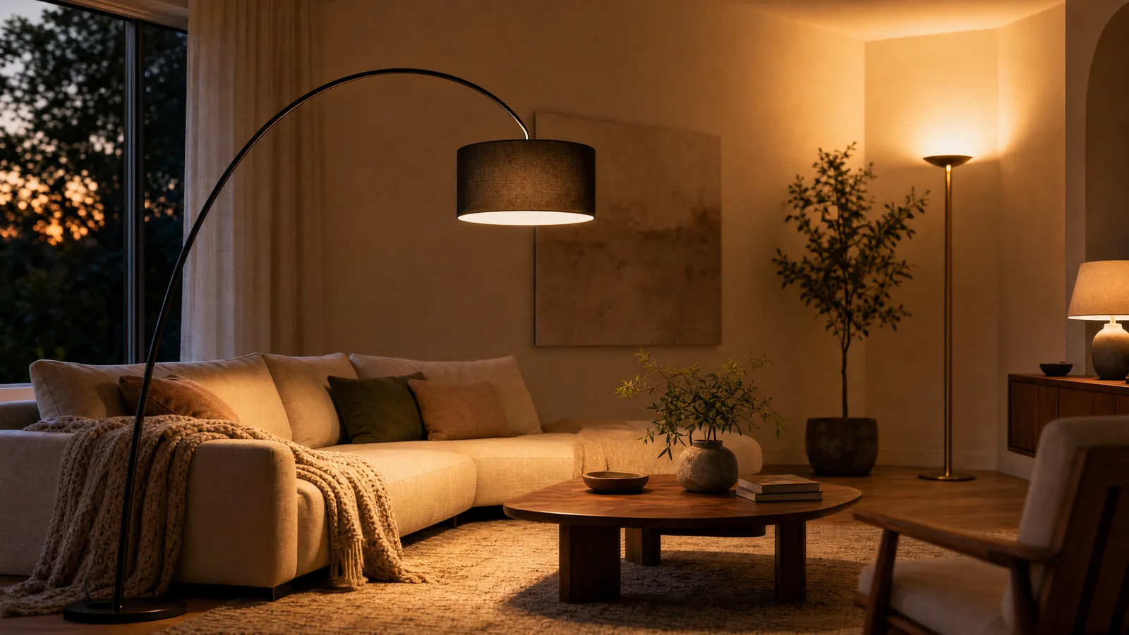 An arc floor lamp curving over a linen sofa in a warmly lit living room at dusk, with a brass torchiere glowing in the corner