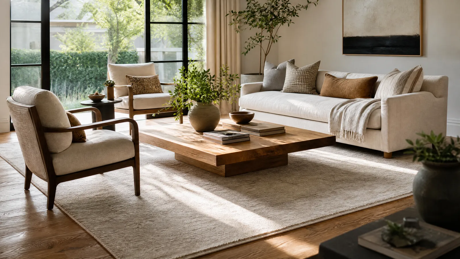 A sunlit, tastefully decorated living room with a large neutral area rug anchoring the sofa and accent chairs