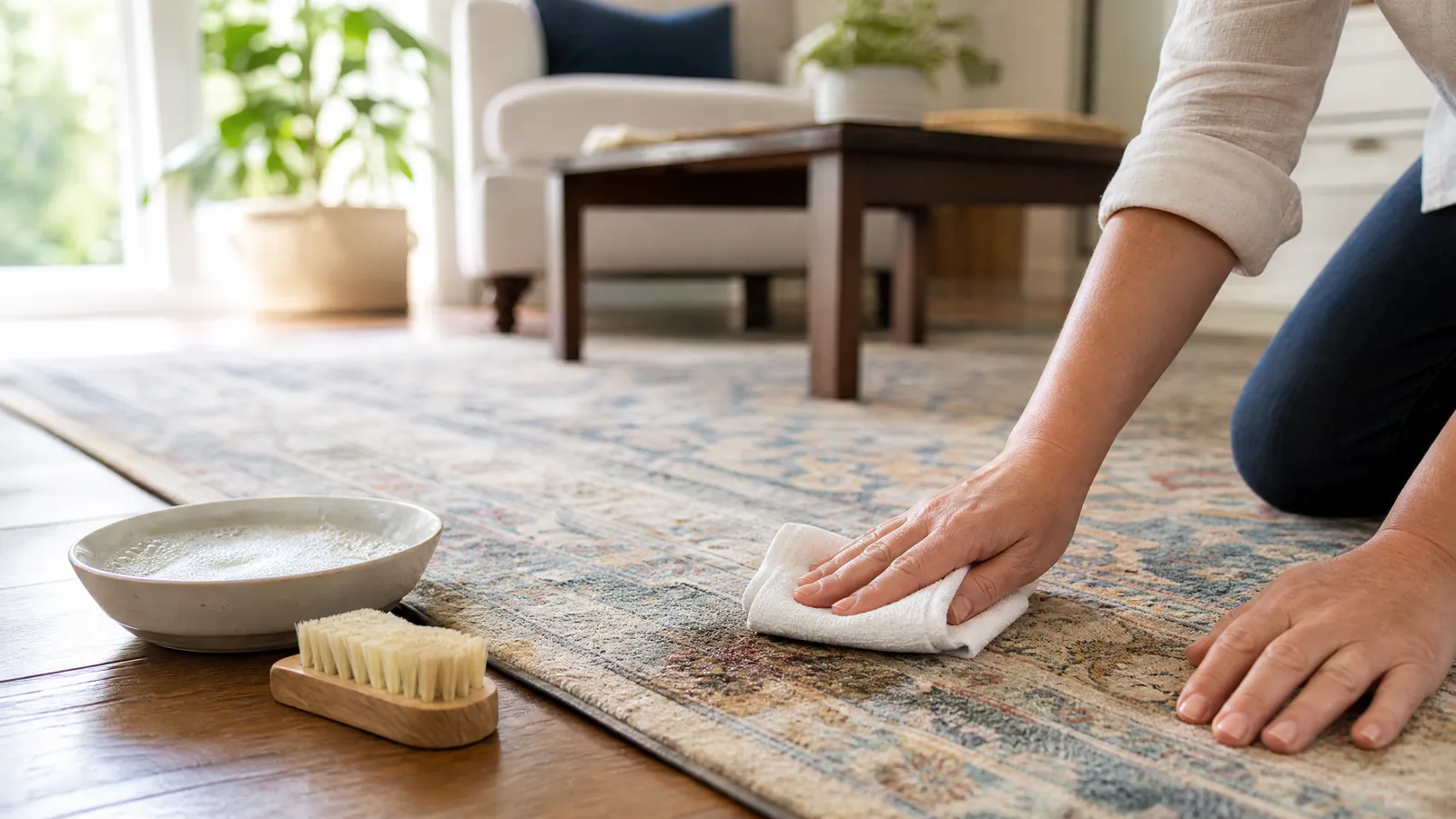 Hands blotting a spill on a patterned wool area rug with a clean white cloth, cleaning supplies nearby