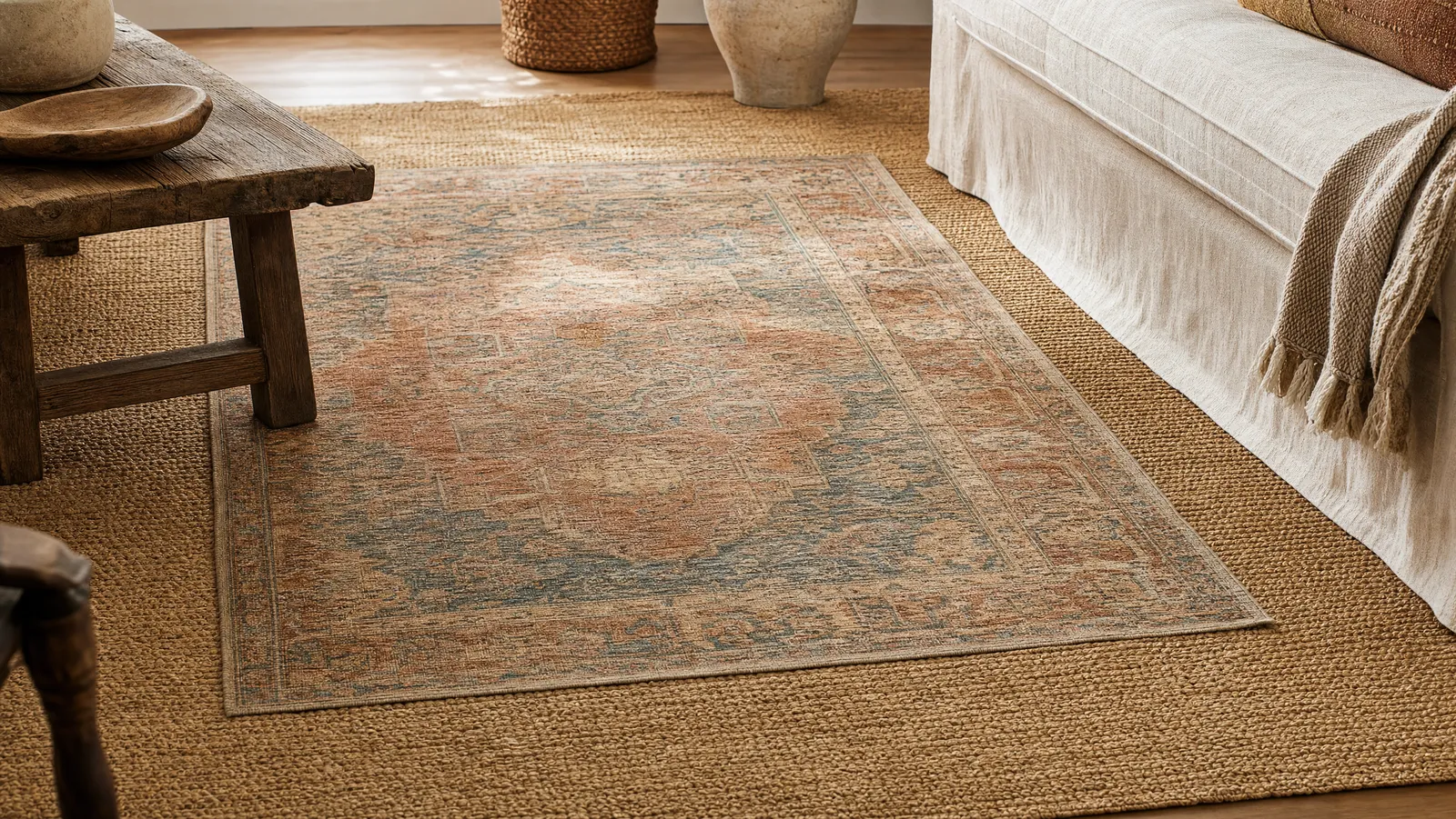 A patterned vintage-style rug layered on a larger natural jute base rug, leaving an even jute border on every side