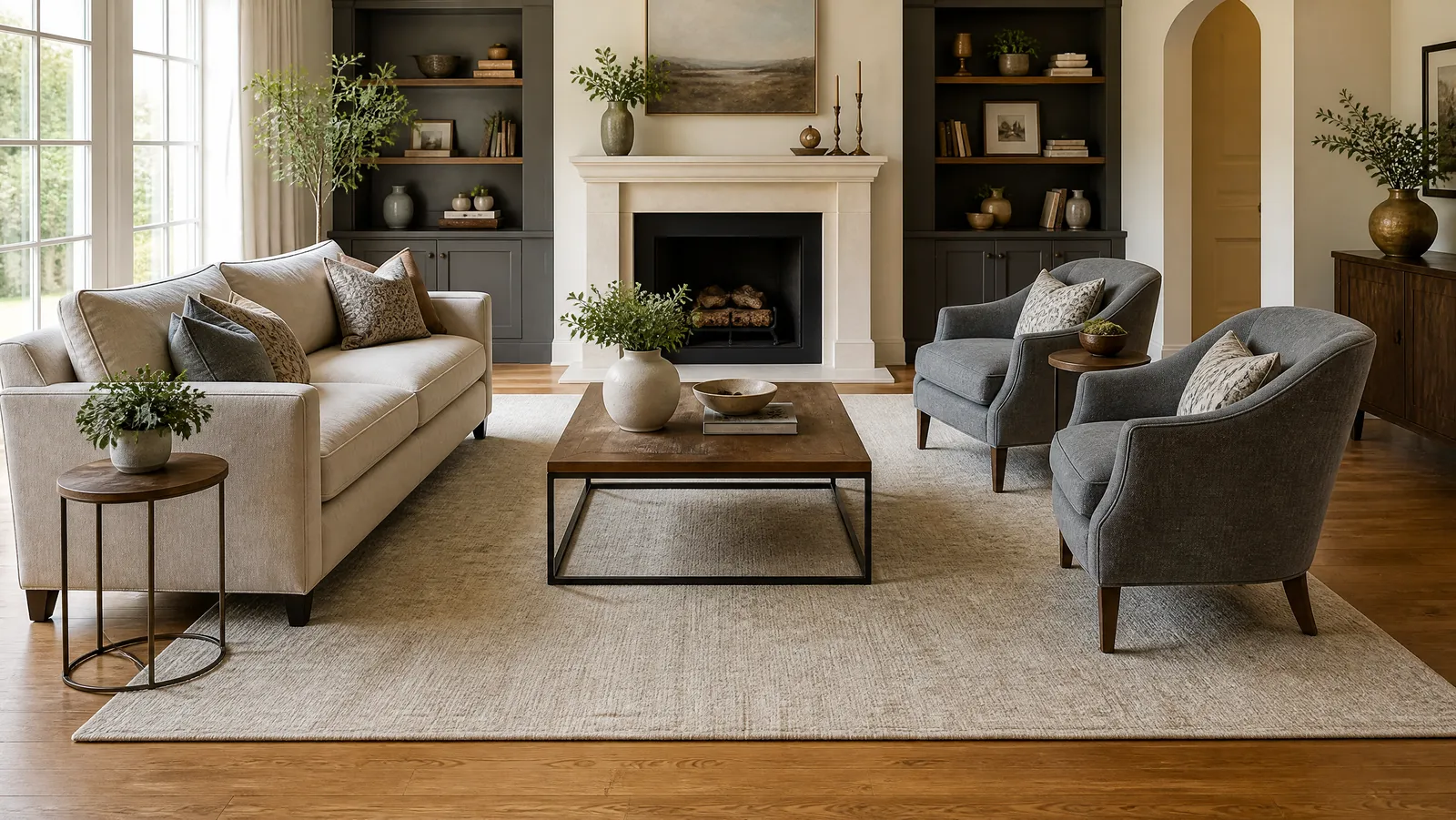 A sunlit living room with the sofa and accent chairs front legs resting on a large neutral area rug