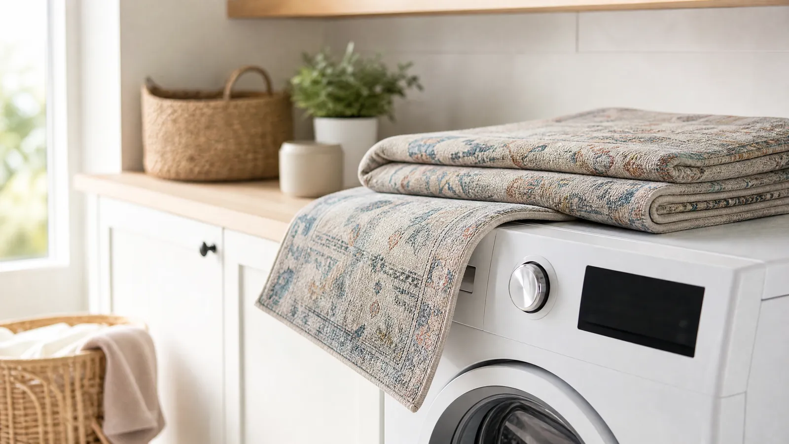 A thin machine-washable area rug folded on top of a front-loading washer in a bright laundry room
